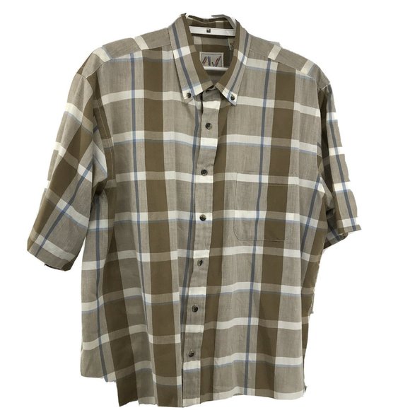 Apparel Workshop Mens XL Casual Button Front Shirt Short Sleeve Tan Plaid - Picture 1 of 5